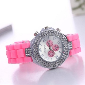 Yumite Geneva Silicone Three-Eye Diamond Watch Women's Watches Jelly Candy Silicone Watch Pink Strap Pink Dial - intl  