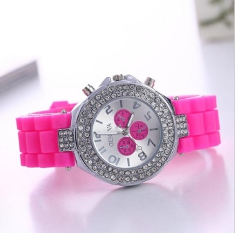 Yumite Geneva Silicone Three-piece Diamond Watch Women's Watches Jelly Candy Silicone Watch Rose Red Strap Rose Plate - intl  