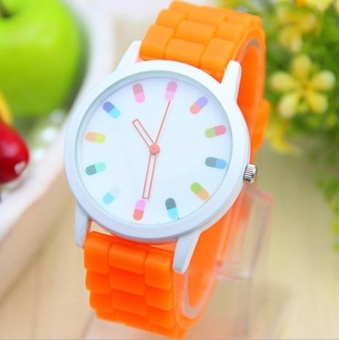 Yumite Silicone Capsule Jelly Watch Color Pointer Pill Pattern Quartz Male Ladies Watch Student Watch Orange Strap White Dial - intl  