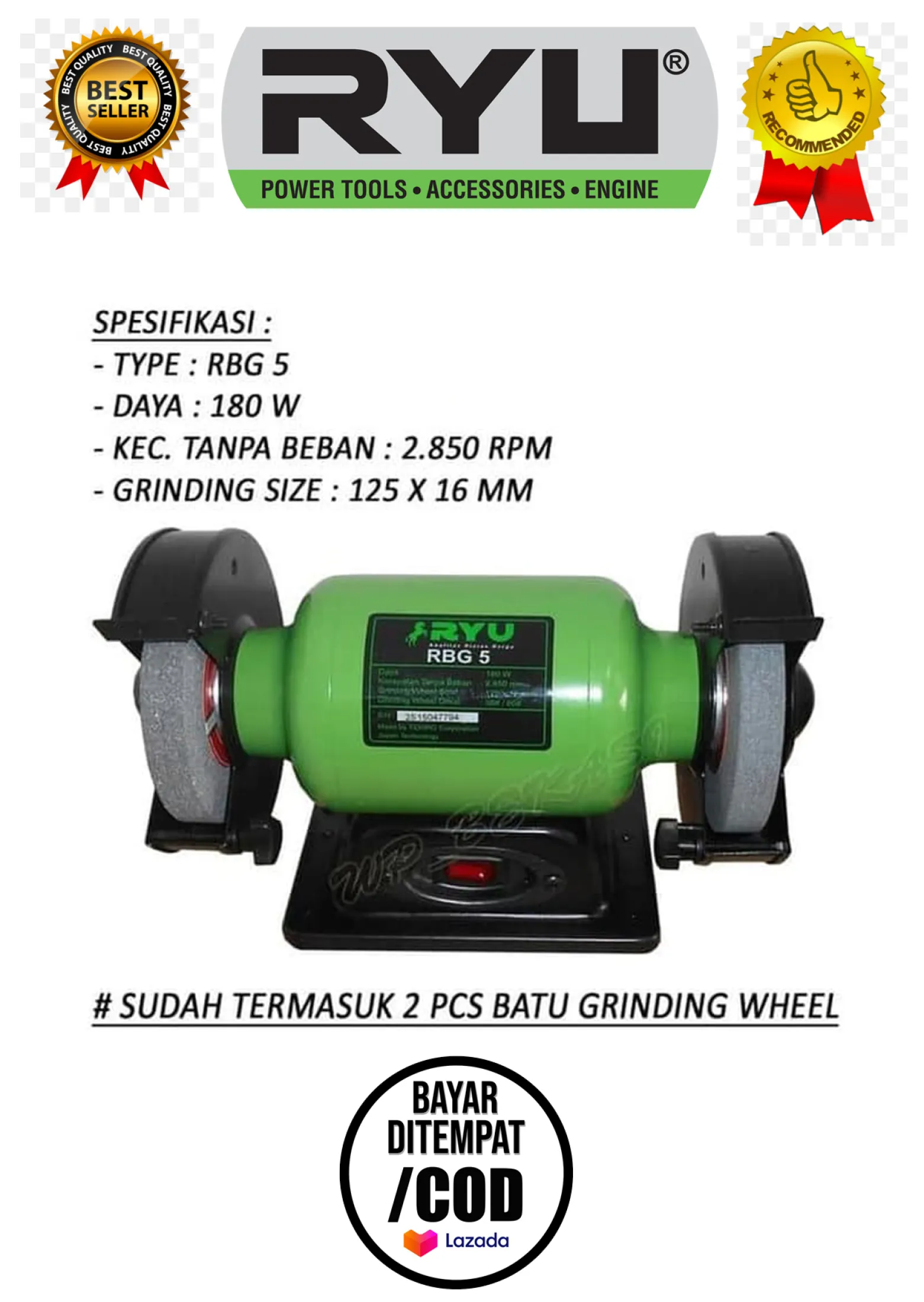 Tekiro Ryu Mesin Gerinda Gurinda Duduk Bench Grinder Rbg 5 Inchi