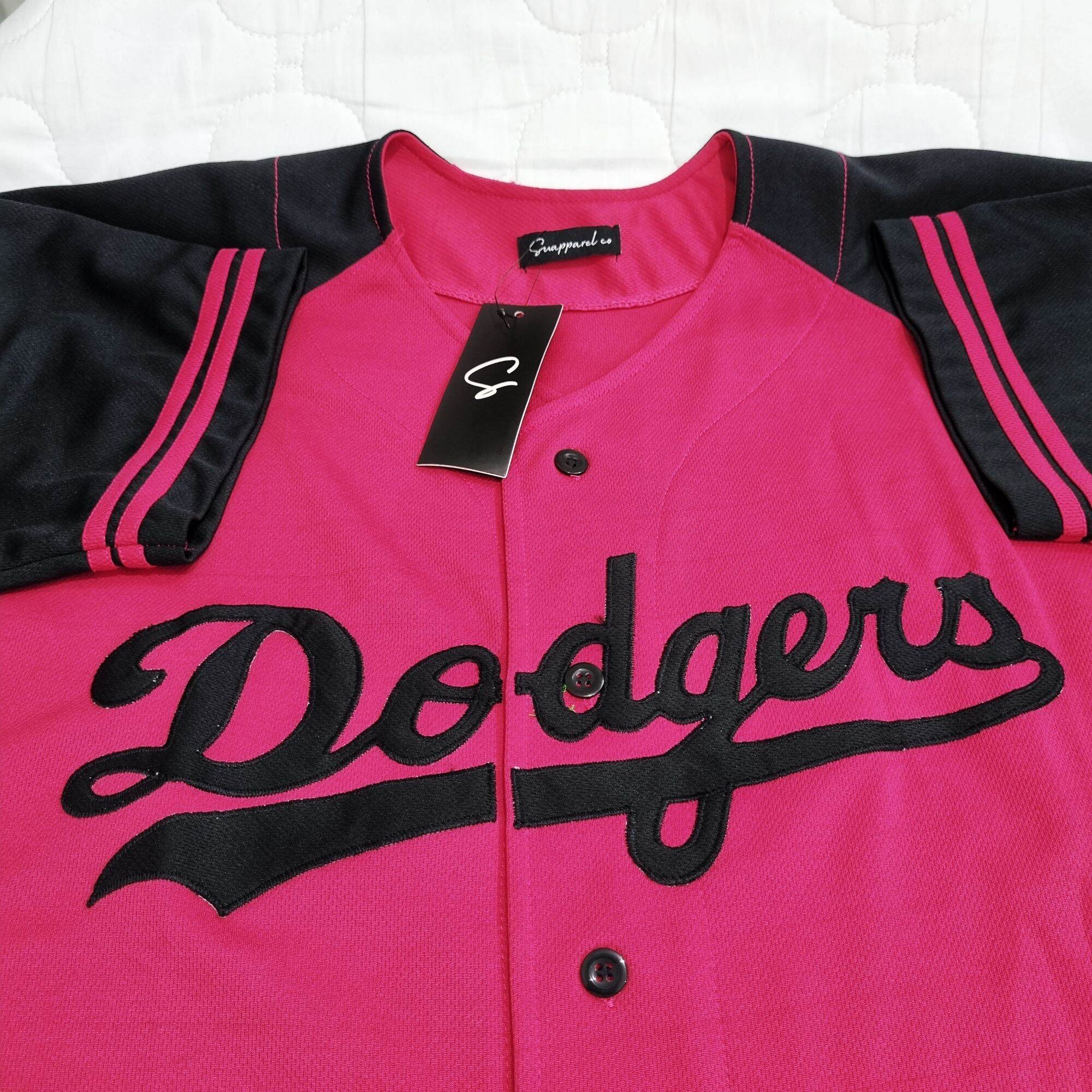 Baju Sport Jersey Baseball dodgers Pink lengan hitam Pria Wanita