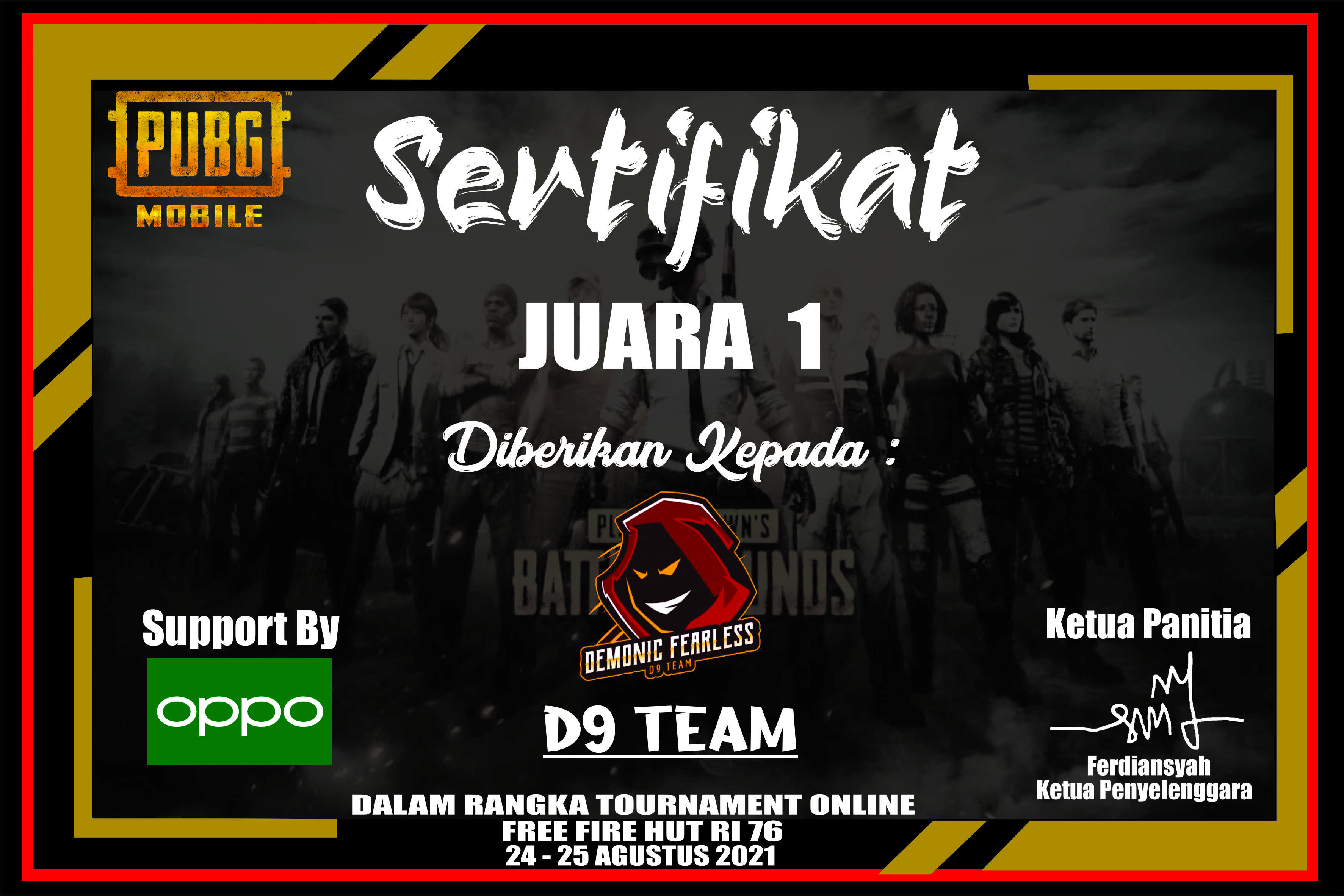 Sertifikat Mobile Legend/Sertifikat Free Fire/Sertifikat PUBG