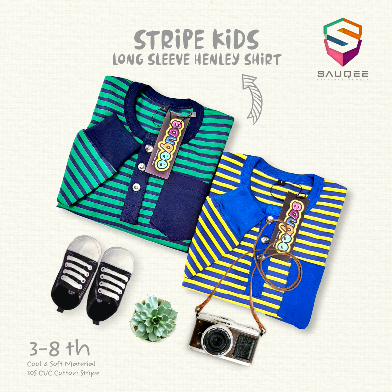 Kaos Anak Salur/Kaos Stripe Anak/Kaos Lengan Panjang Anak/Kaos Salur Anak Henley/Kaos Anak Usia 3-8th