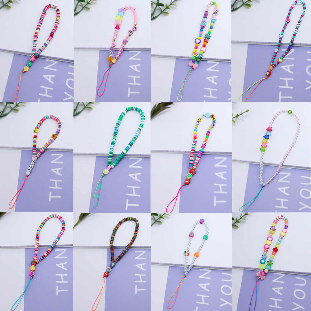 FANGCU272 Multi Color Soft Silicone Lanyard for Keys Smile Pearl Necklace Strap Phone Charm Strap Mobile Chain Phone Choker