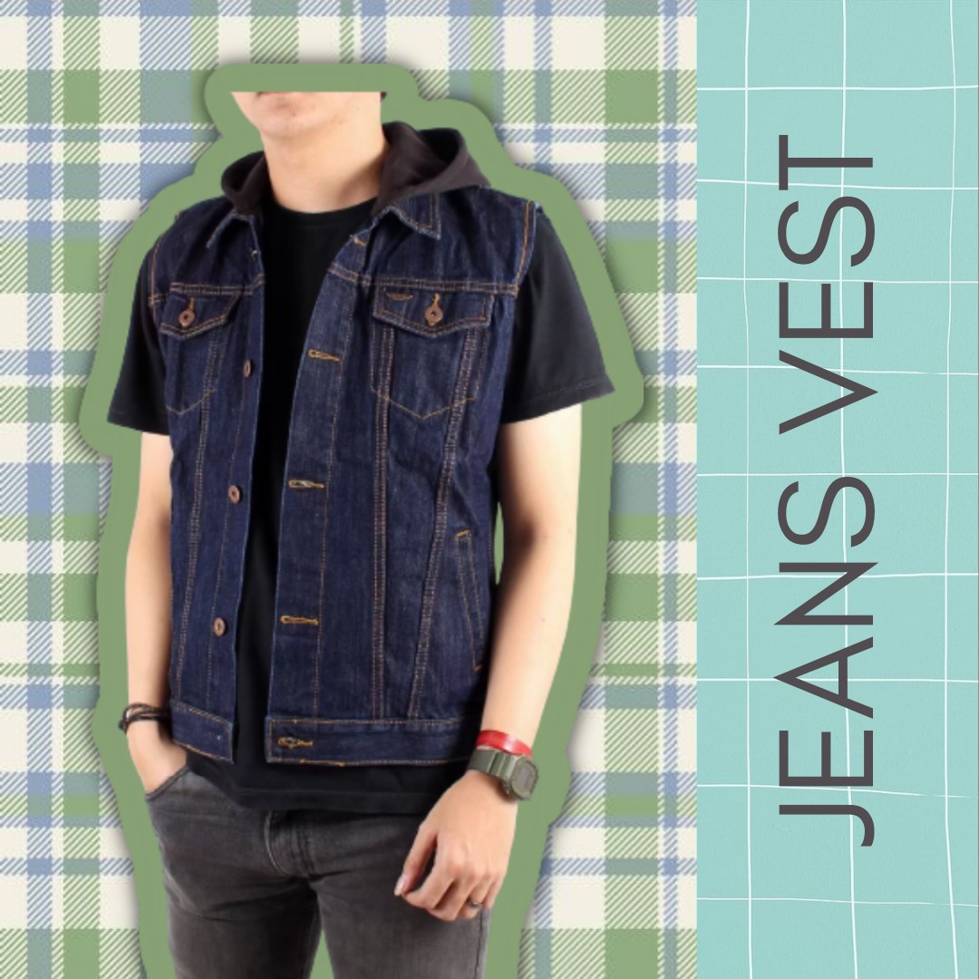 Intelek.co // Rompi Jeans Pria Keren Distro Motor // Vest Rompi Jeans Pria  Sandwash // Jaket Rompi Hoodie Blue Garment Bertudung // ROMPI DENIM PRIA  SANDWASH PREMIUM // ROMPI HOODIE MOTOR PRIA //