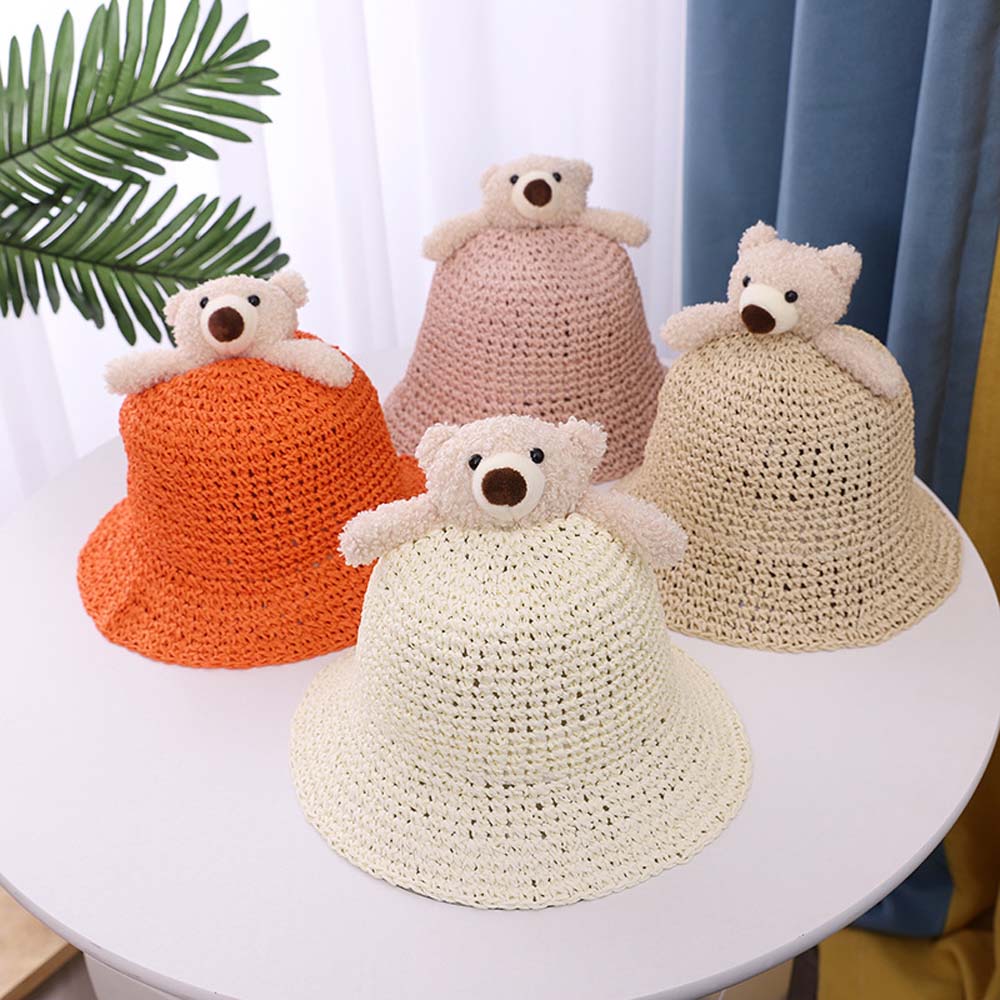 YEWR4อินเทรนด์น่ารักเด็กเกาหลีฤดูร้อน Ultraviolet-Proof ฟางหมวกหมีหมวกบังแดดหมวกทรงบักเก็ต