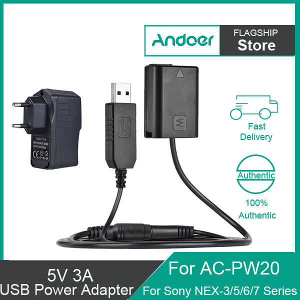 Andoer NP-FW50 Dummy bat-tery + 5V 3A USB Power Adapter Cable with Power Plug Replacement for AC-PW20 for Sony NEX-3/5/6/7 Series A33 A37 A35 A55 a7 a7R a7II A6000 A6300